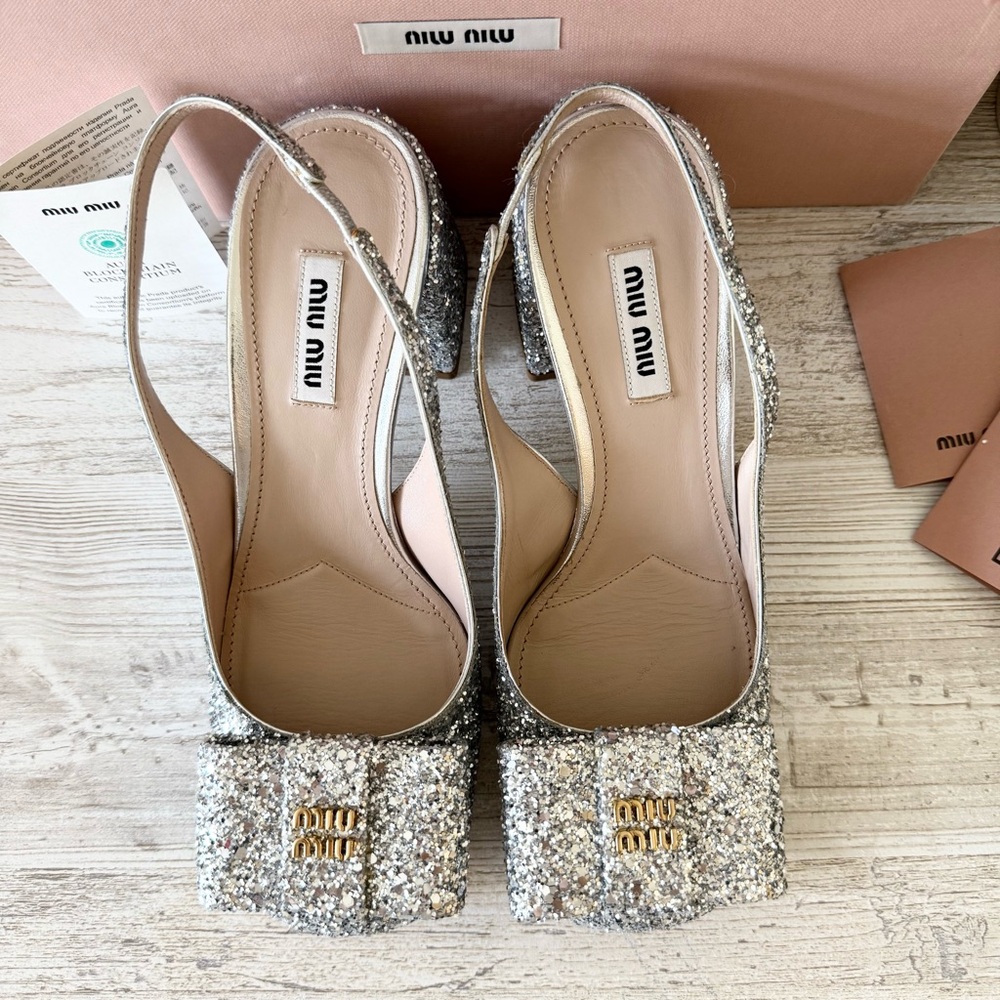 New Miu Miu Silver Glitter Heeled Women's Shoes size 36.5, US 6.5